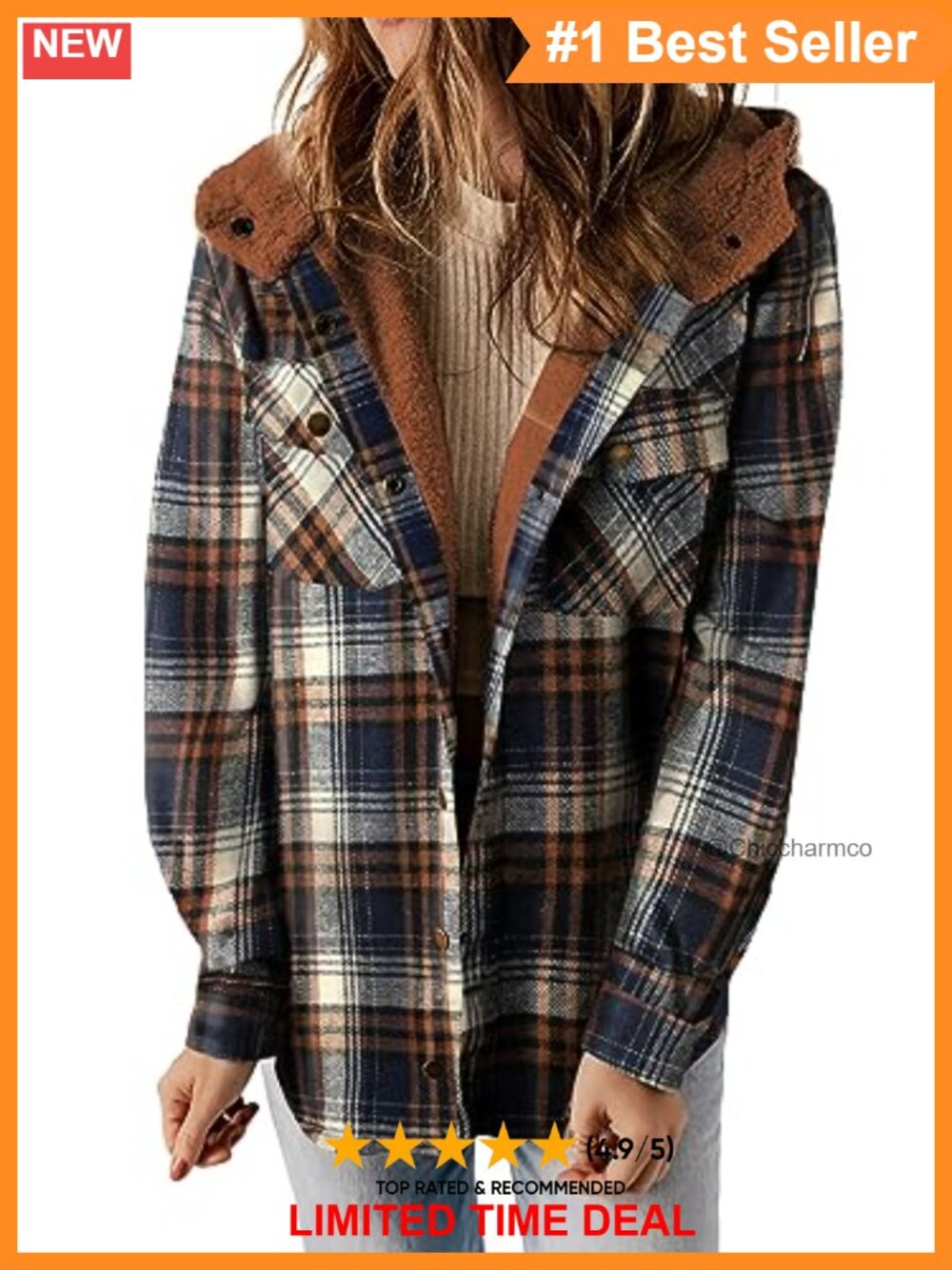 Fleece Lined Plaid Shacket Hooded Button Jacket Loose Fit Winter Coat